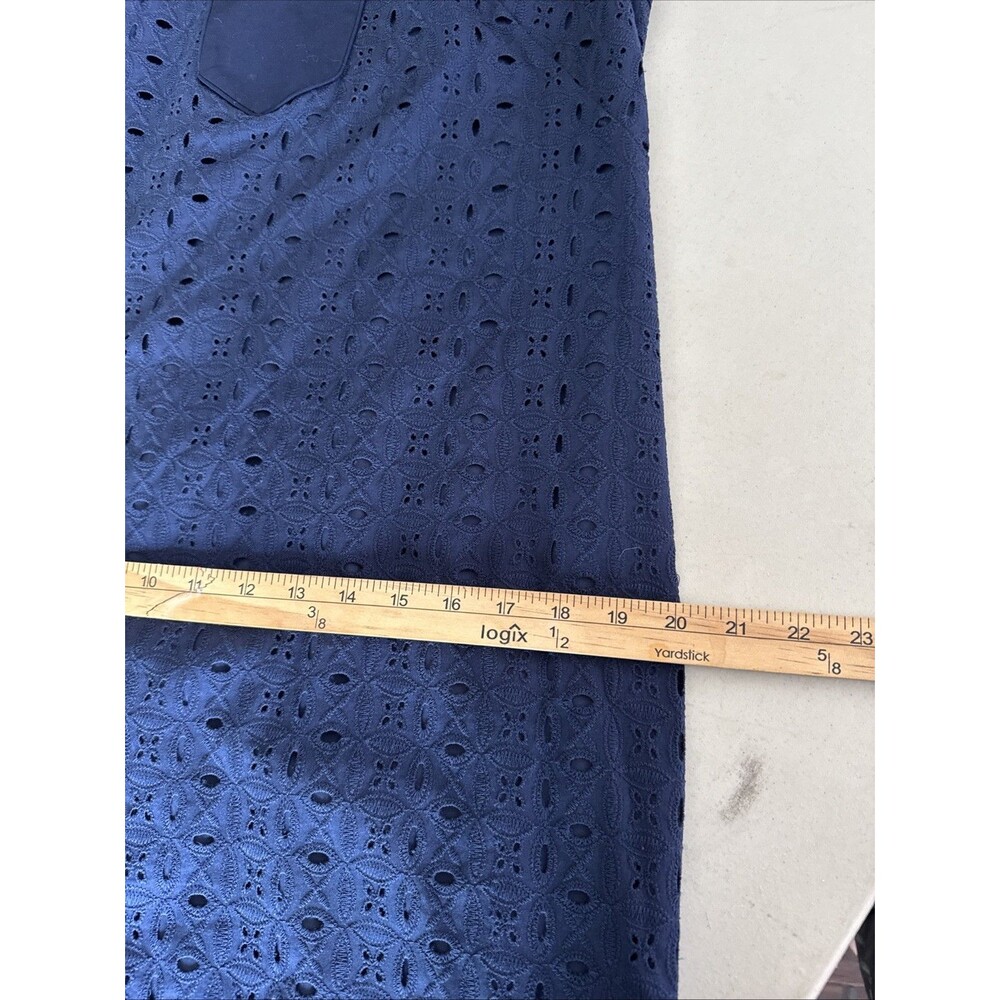 Eliza J Size 12 Navy Blue Eyelet Tassel Shift Split Mandarin Collar Sleeveless - Picture 10 of 14